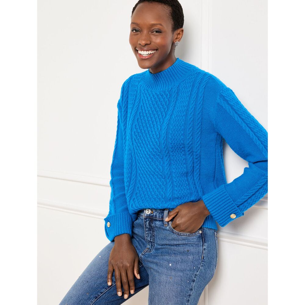 Talbots electric blue mock turtleneck cable knit sweater button cuff detail L
